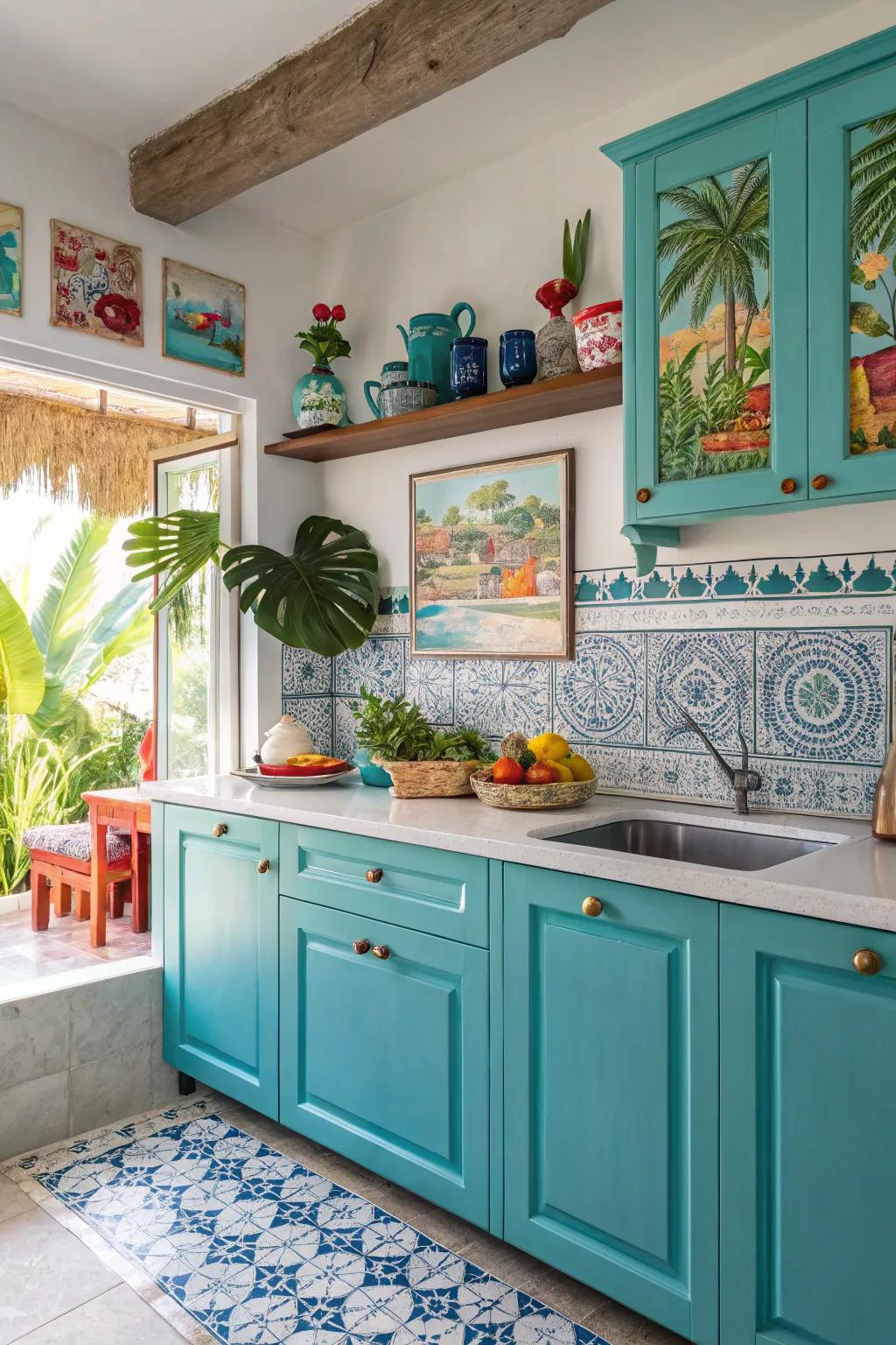 Turquoise cabinets mirror the Caribbean sea in your kitchen.