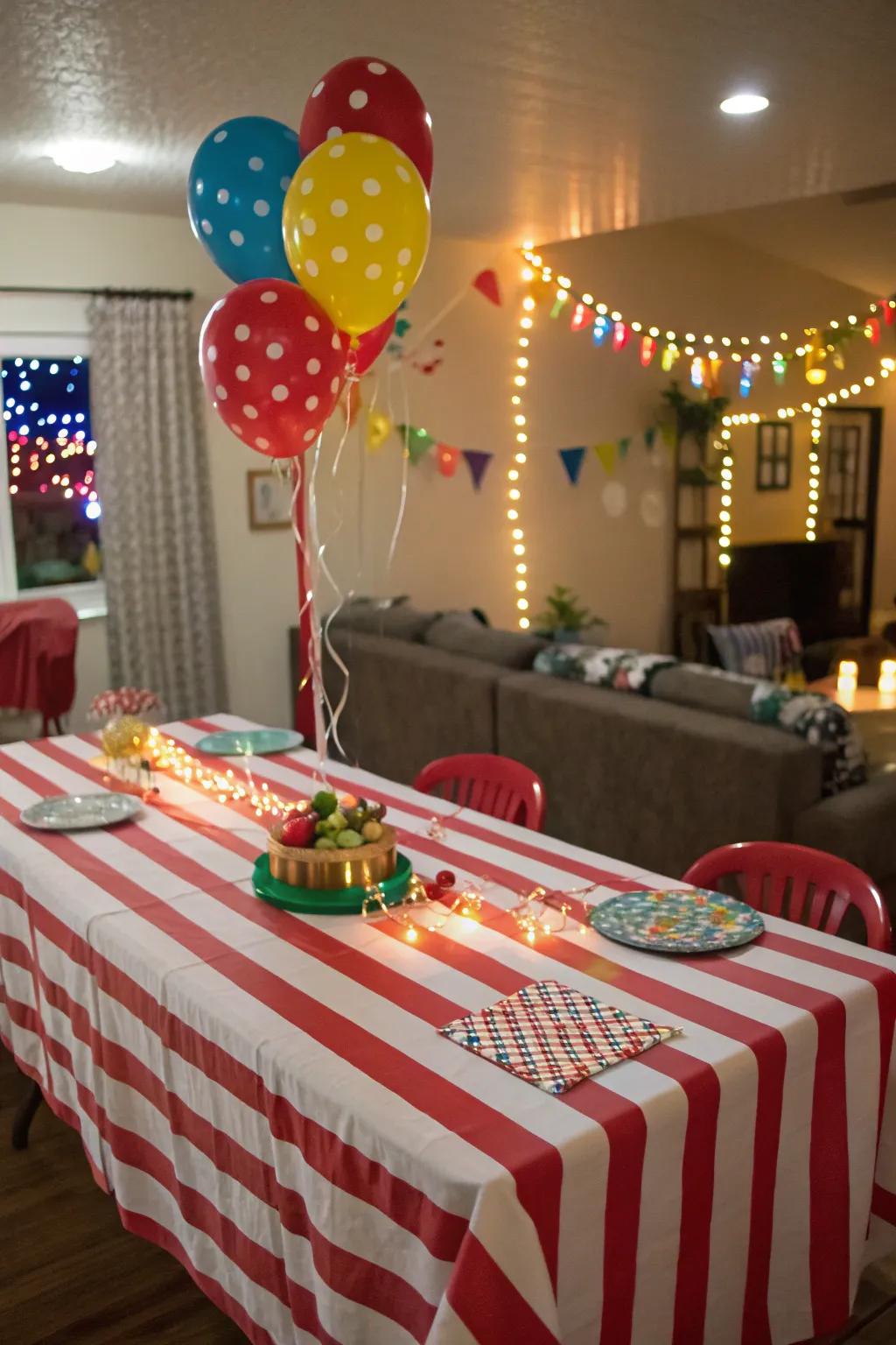 Striped linens create the foundation for a lively carnival vibe.