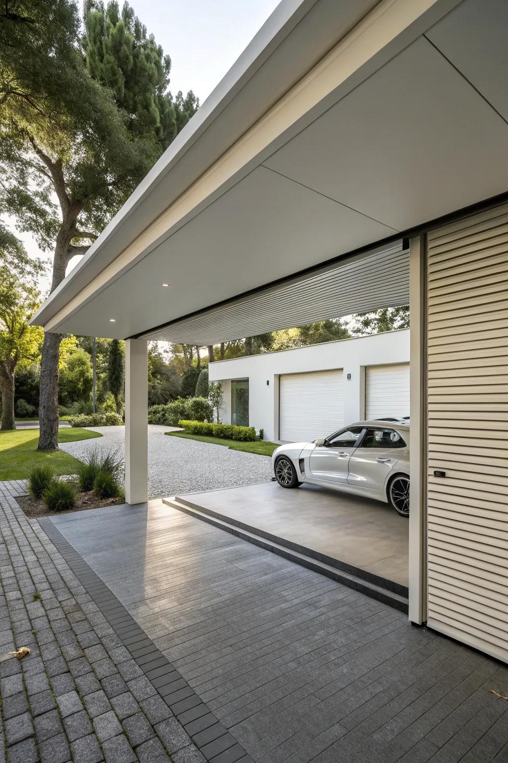 A carport showcasing elegant roll-up doors that complement contemporary architecture.