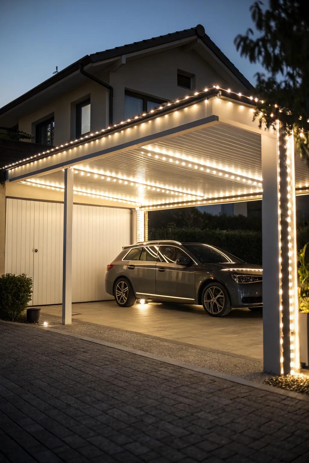 Light-emitting diode ribbons cast a soft and welcoming glow upon your carport.