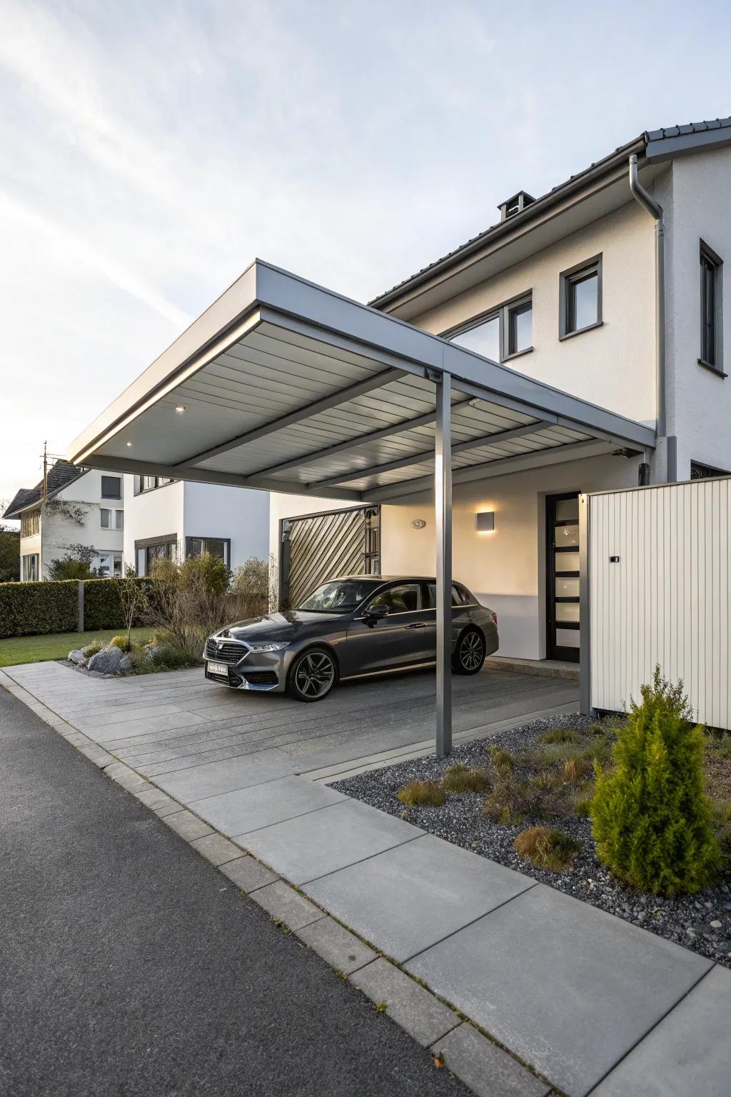 A minimalist carport featuring sleek, metallic elements.