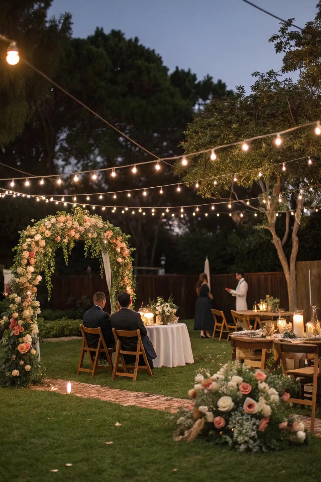 Twinkling lights craft an enchanting vibe for a backyard wedding.
