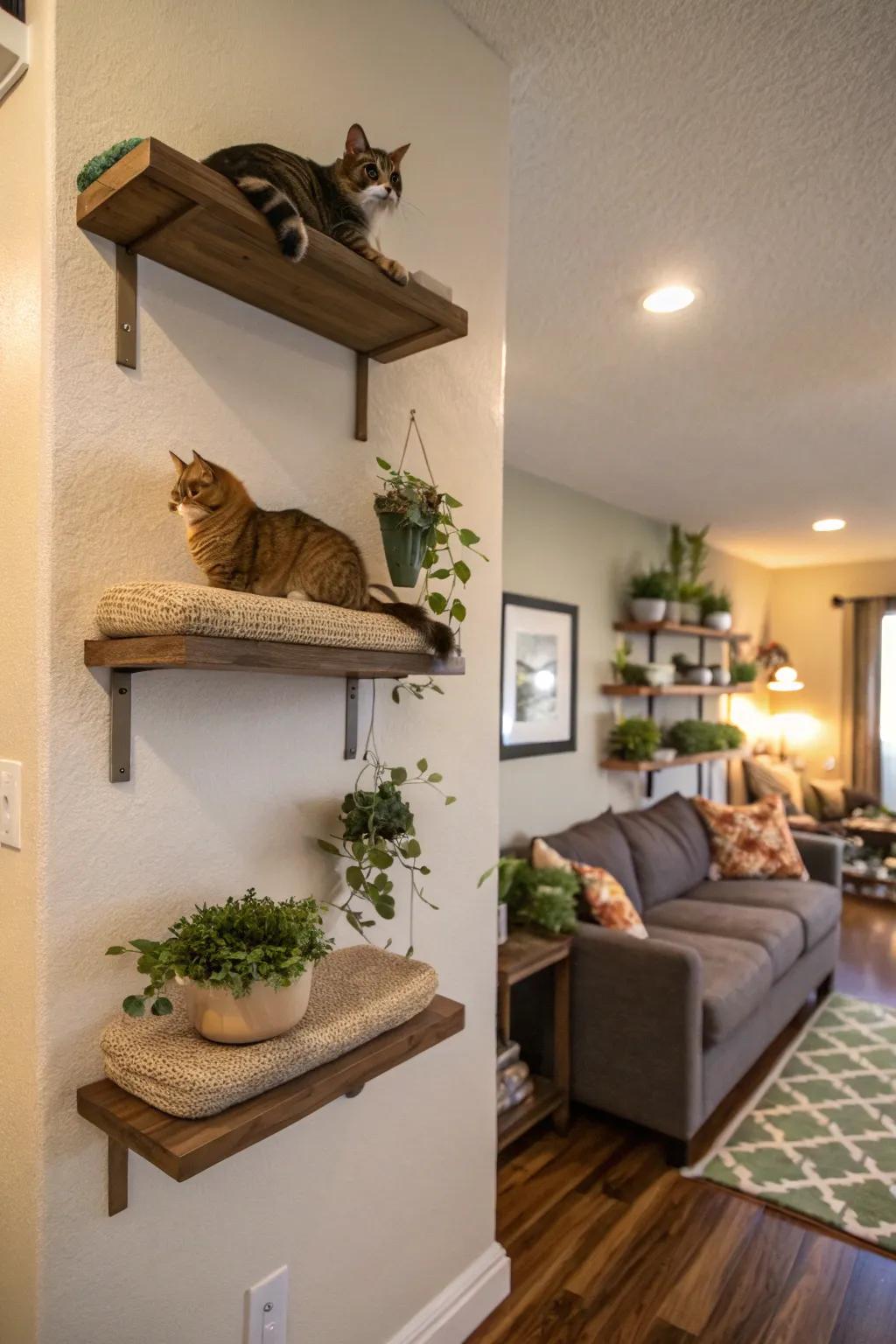 Floating ledges convert an empty wall into a stylish play space for cats.