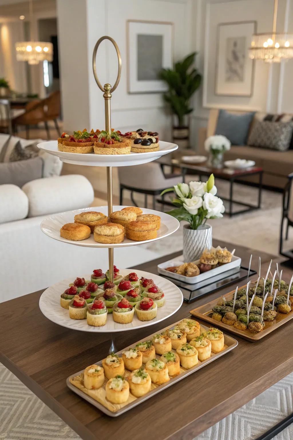 Multi-level stands introduce height and sophistication to any catering arrangement.