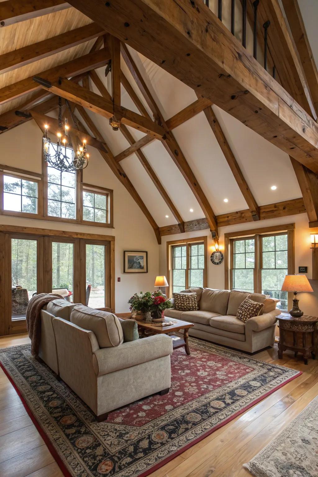 Revealed rafters give a country-style charm to this comfy living area.