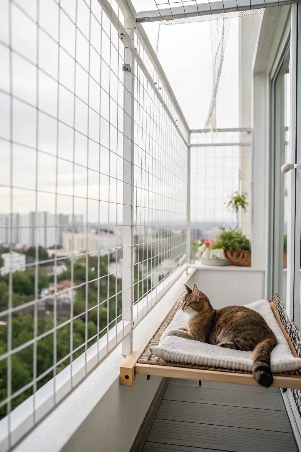 A streamlined wire enclosure offers security and style for your balcony catio.