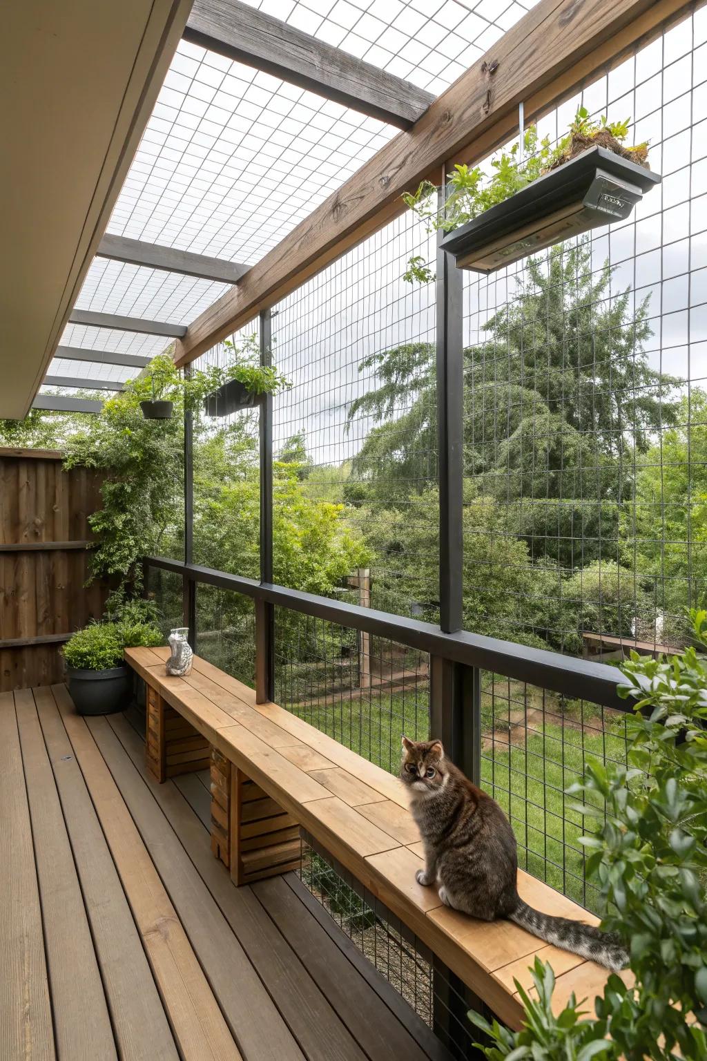 An elevated catio displaying a scenic outlook, superb for both feline and human relaxation.