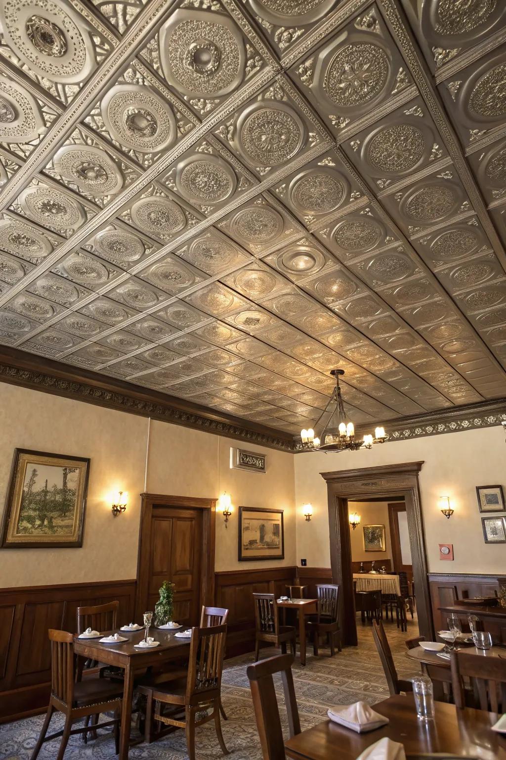 Metallic squares offer a vintage and sophisticated appeal to any ceiling.