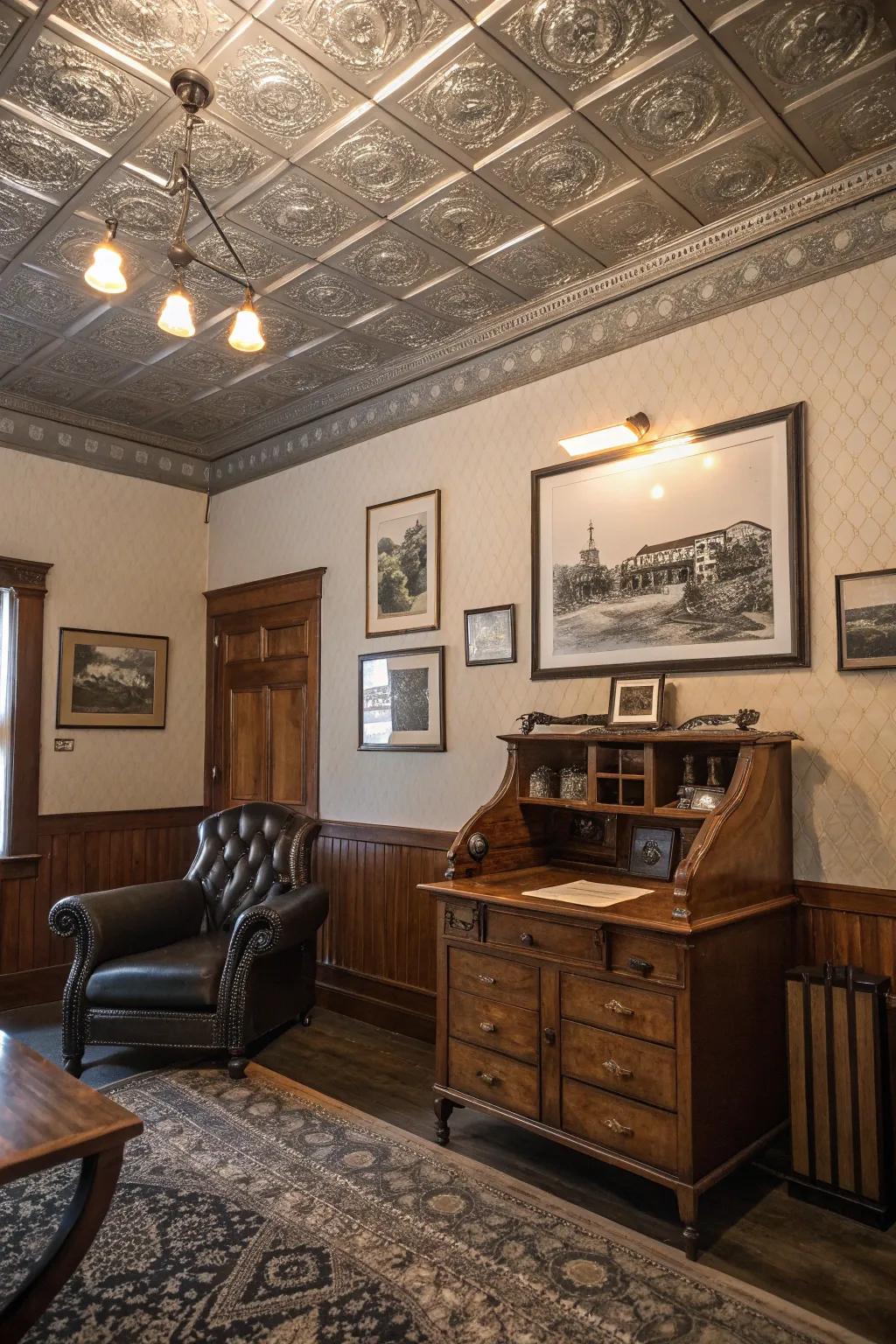 A vintage-inspired room showcases exquisite Metal Crest ceiling tiles.