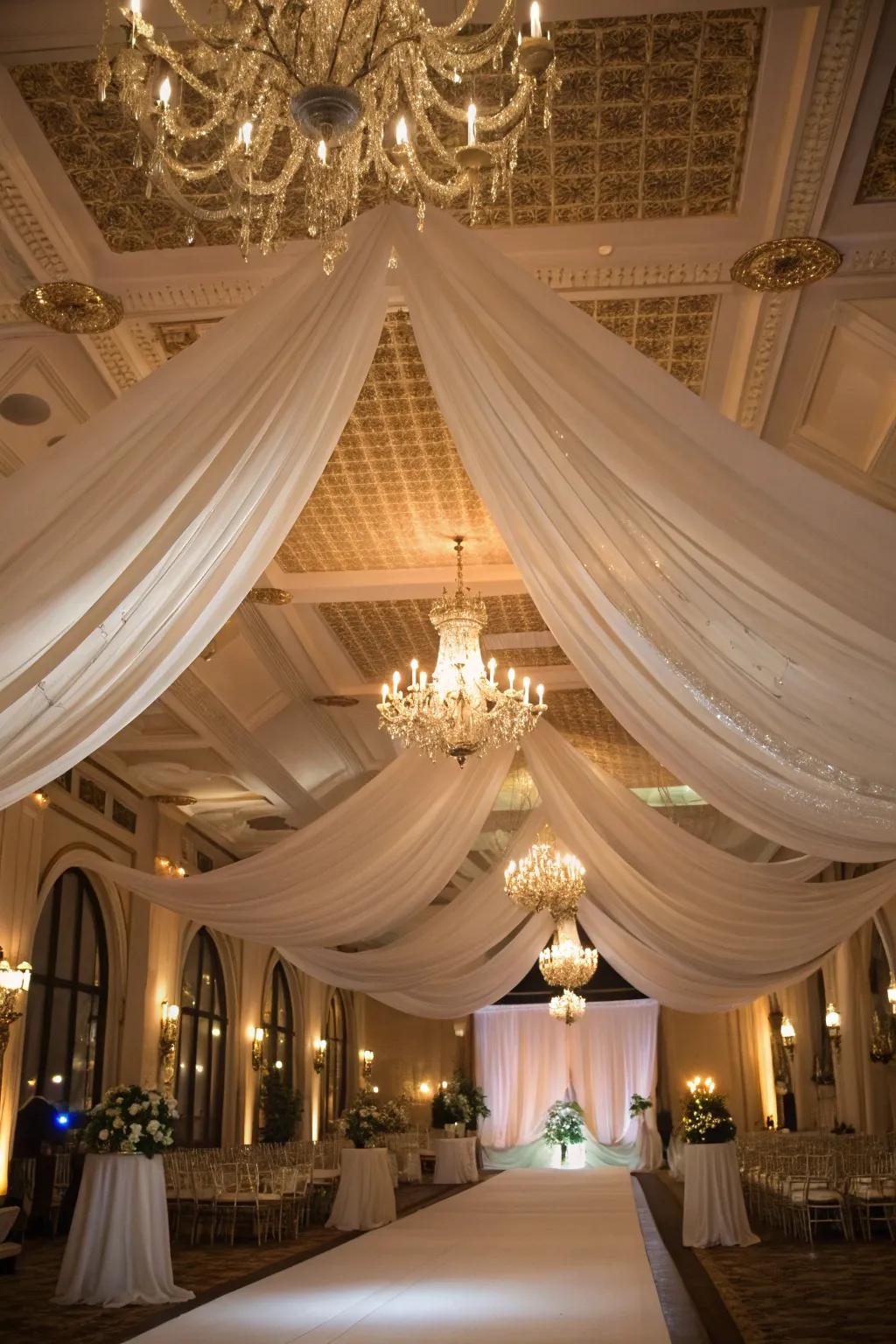 Fabric canopies softly enhance the romantic ambiance.