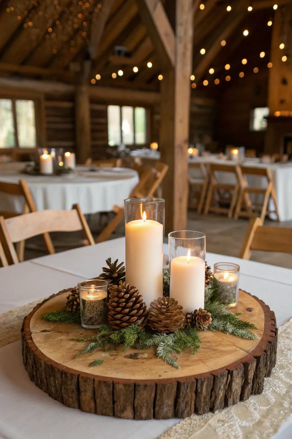 Country-style allure with a timber round centerpiece foundation.