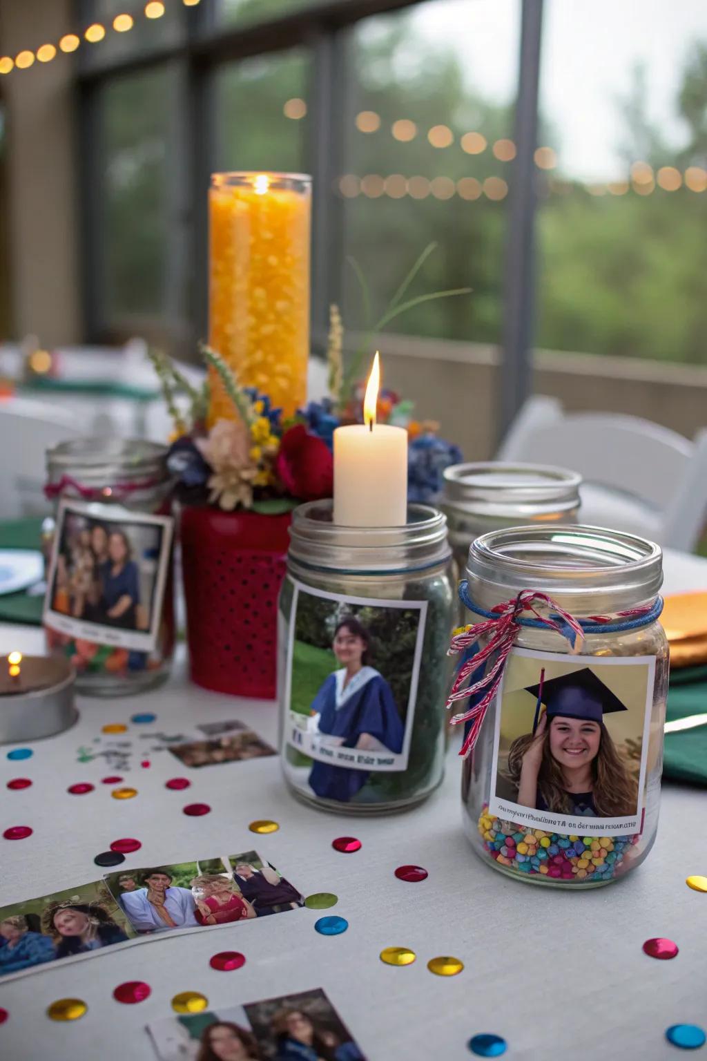 Glass containers brimming with treasured memories transform into heartwarming centerpieces.