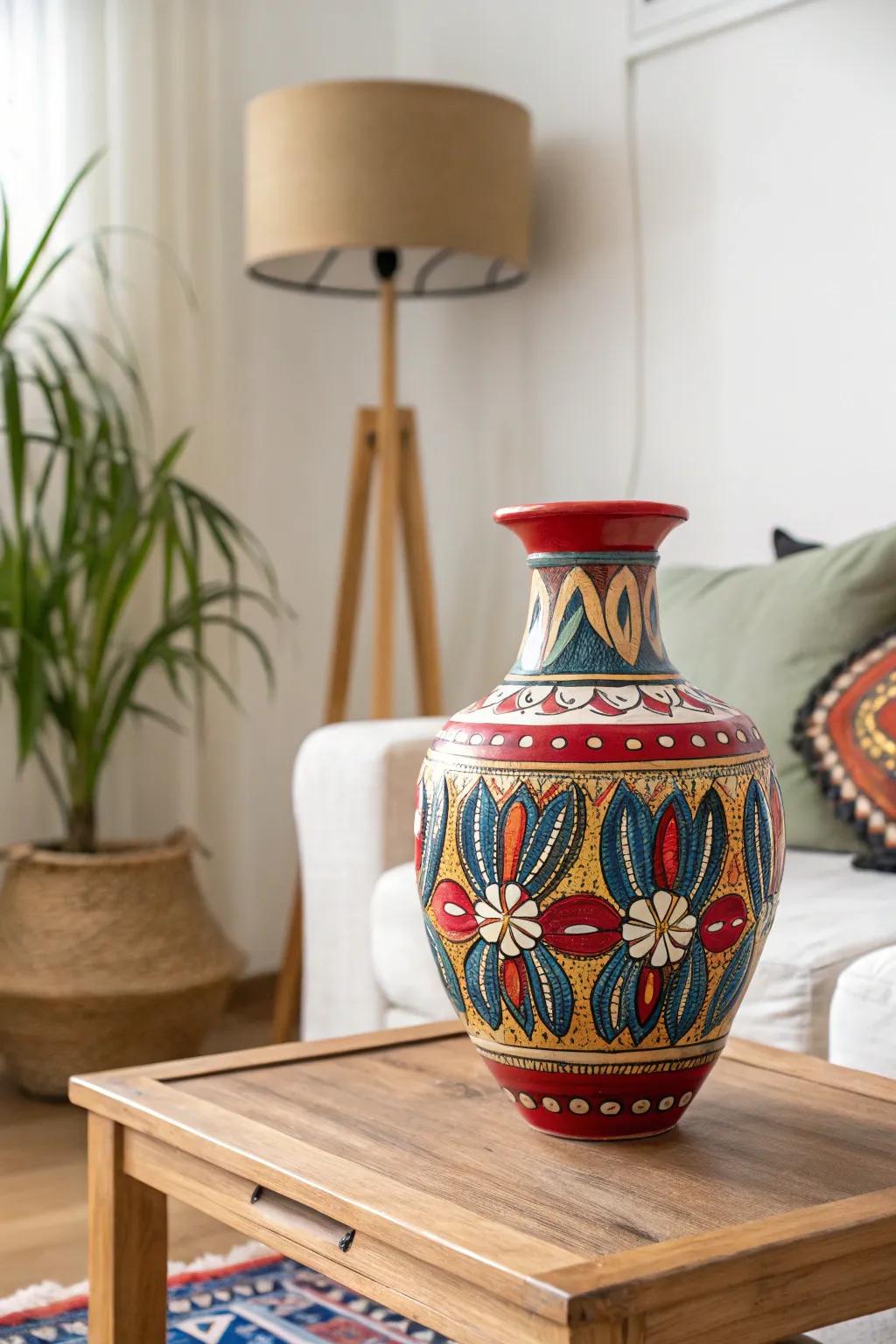 A vibrant ceramic vase acts as a captivating focal point in a minimalist living space.