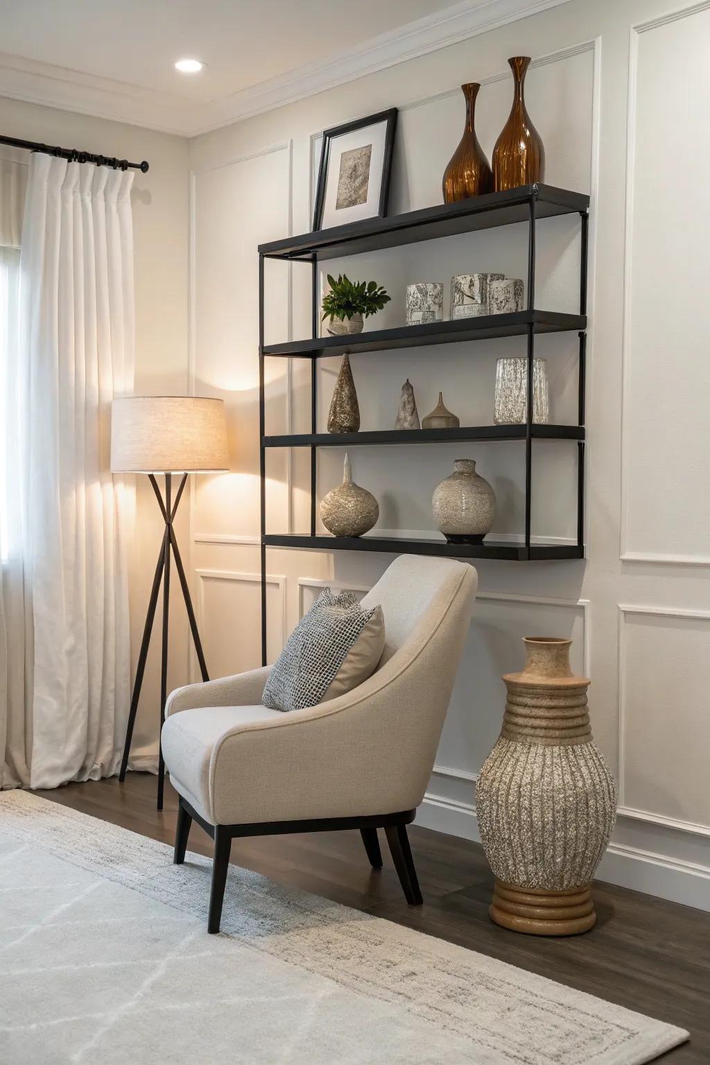 A simple chair rail shelf display exudes minimalist elegance.