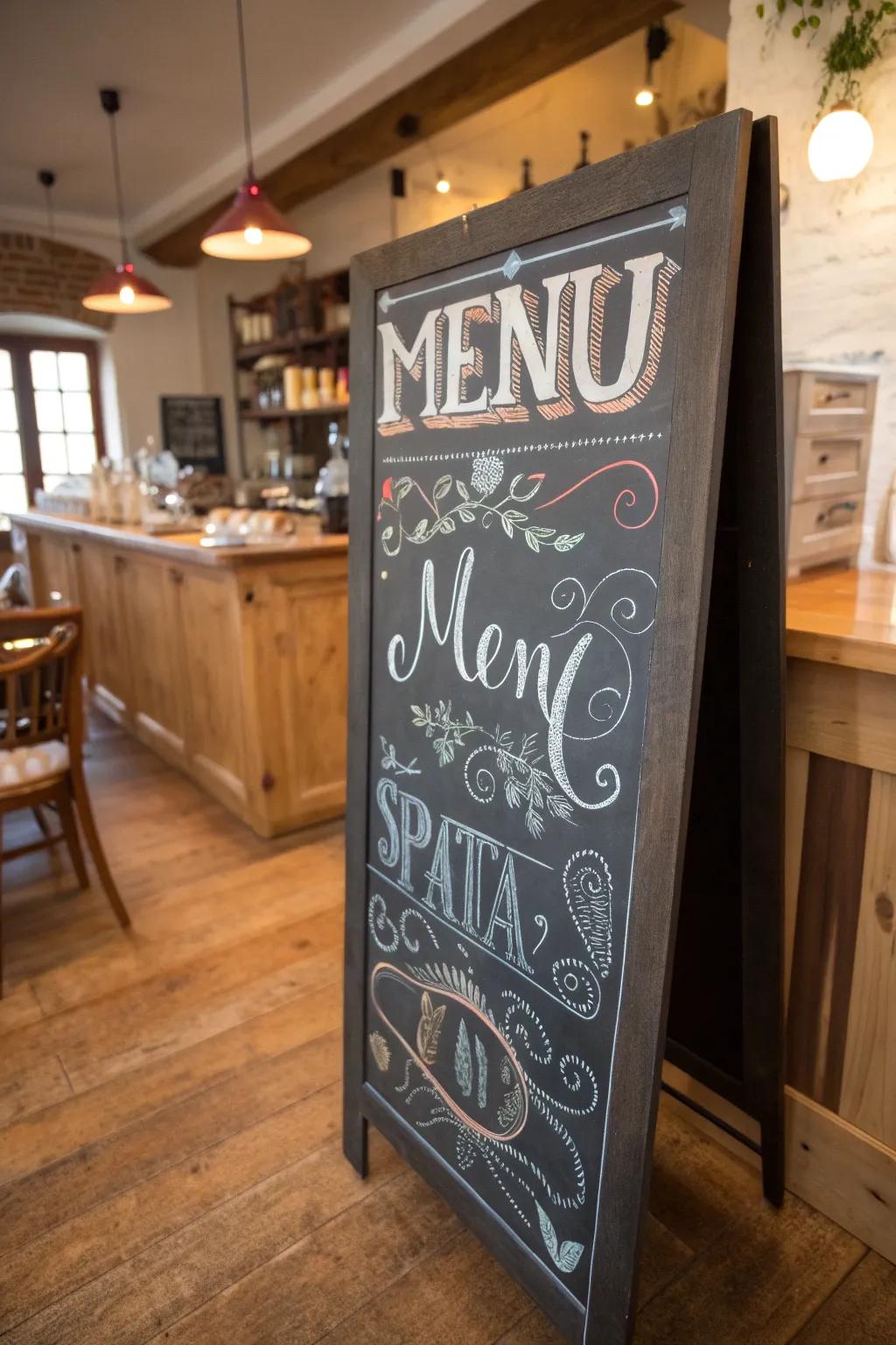 A chalkboard showcasing diverse decorative fonts, adding a touch of elegance to a kitchen menu.