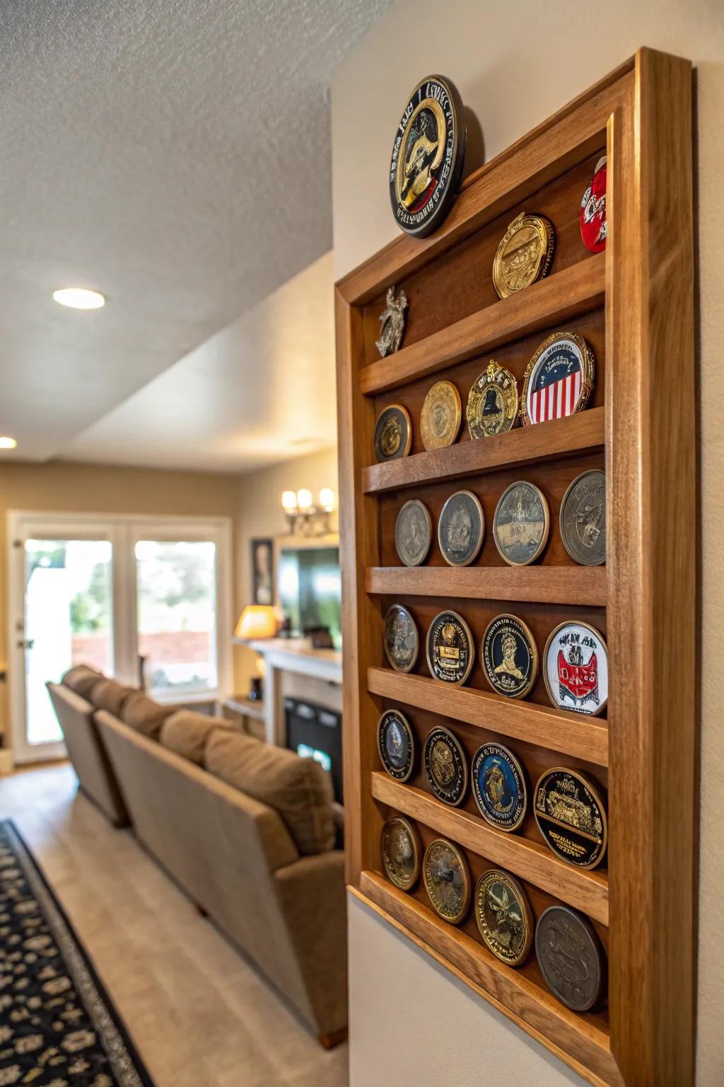 Timber wall-hanging exhibits display your collection with grace.