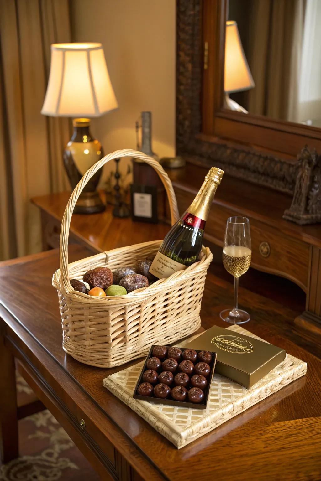 Classic elegance with sparkling cider and gourmet chocolates.