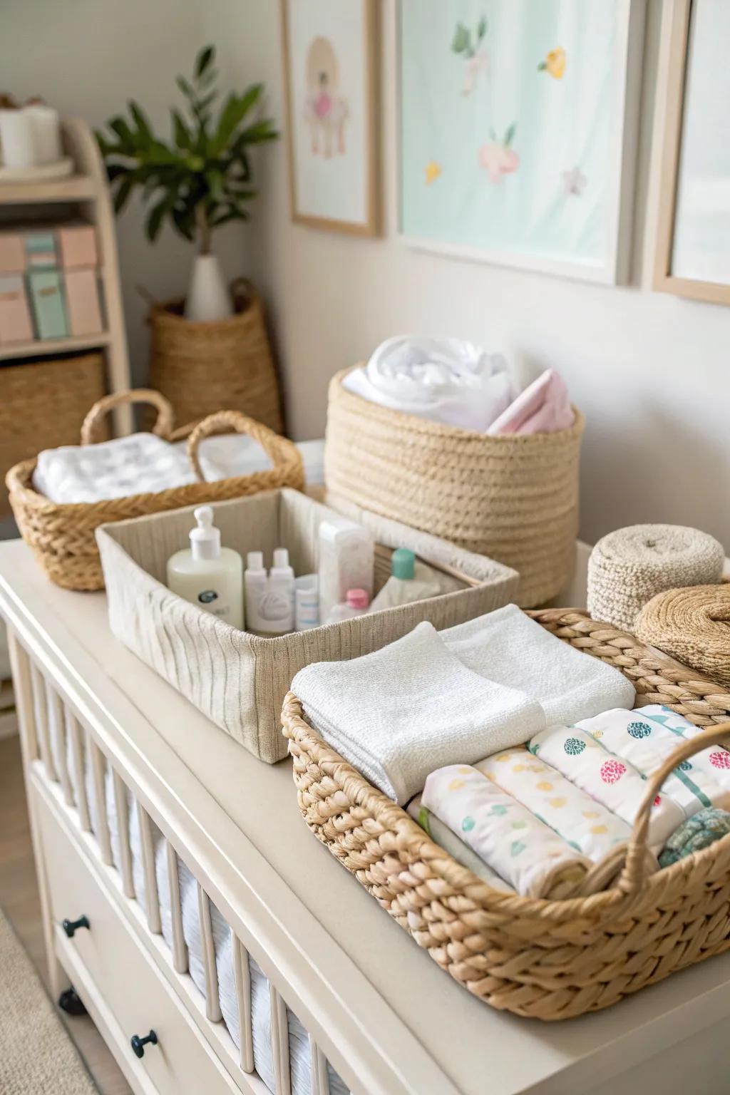 Interwoven baskets neatly arrange baby must-haves on a changing table.