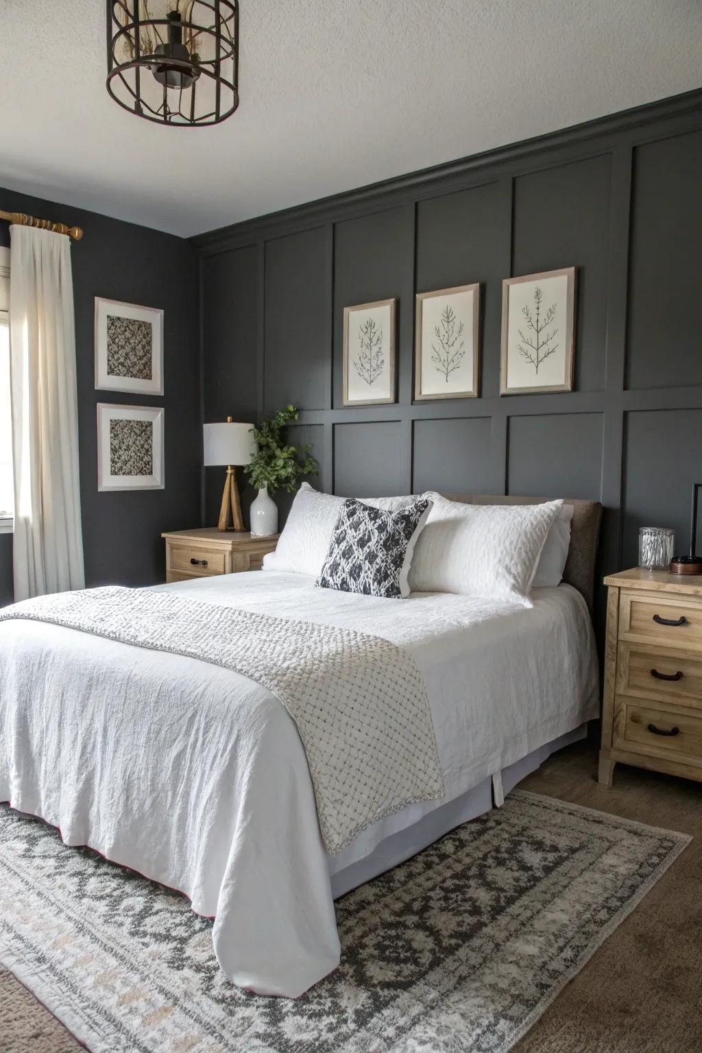An enduring comparison: deep gray walls matched with pure white details.