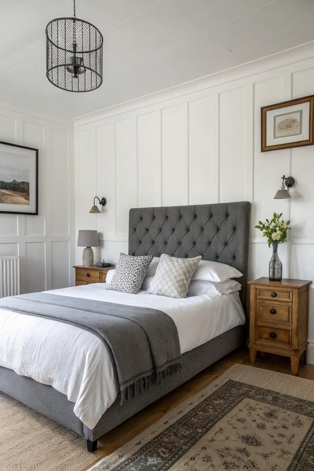 Coal grey headboard set against bright ivory walls, creating a sleek, contemporary aesthetic.
