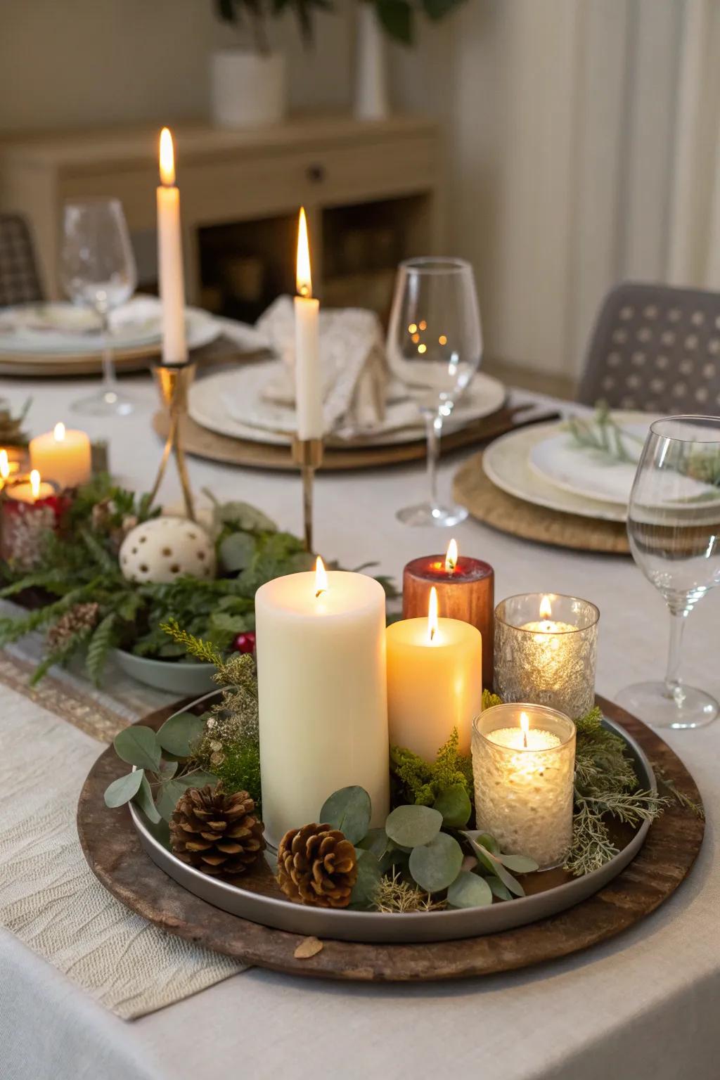 Make a snug feel with a candlelit serving plate centerpiece.