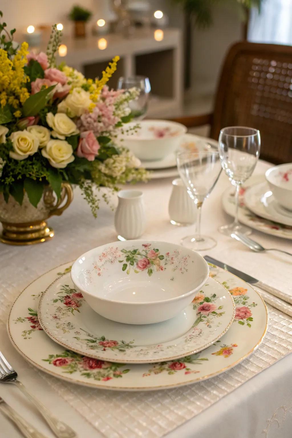 Floral charger plates bring an outdoor, garden-inspired feel to your dining experience.