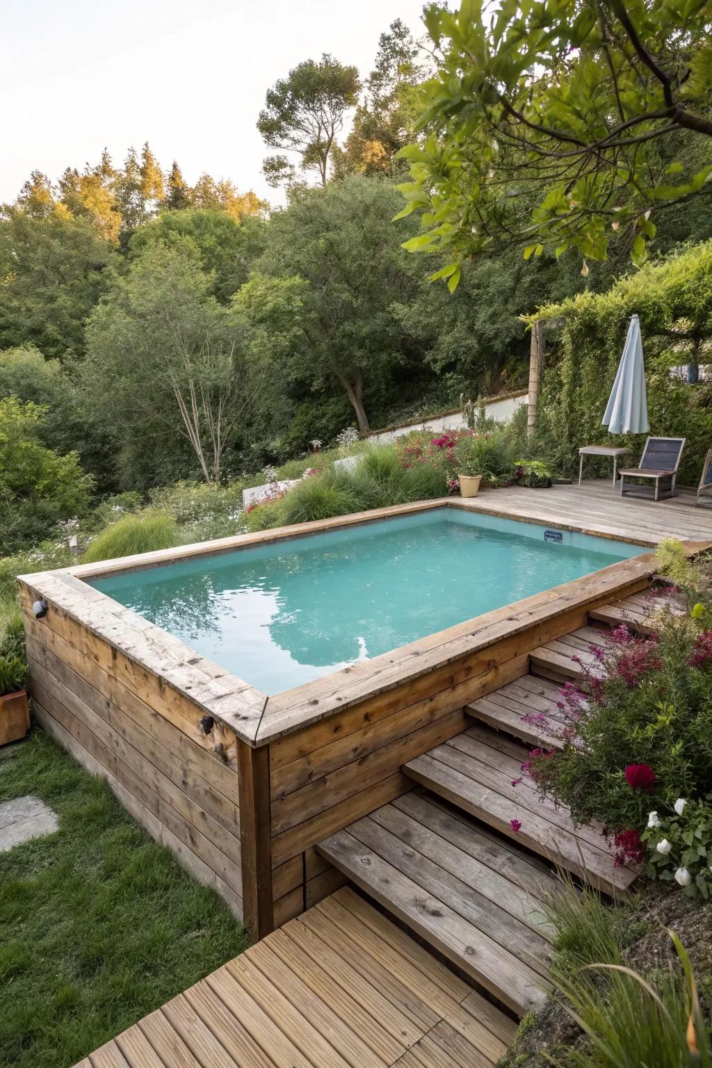 A charming wood deck enhances your pool area with rustic style and functionality.