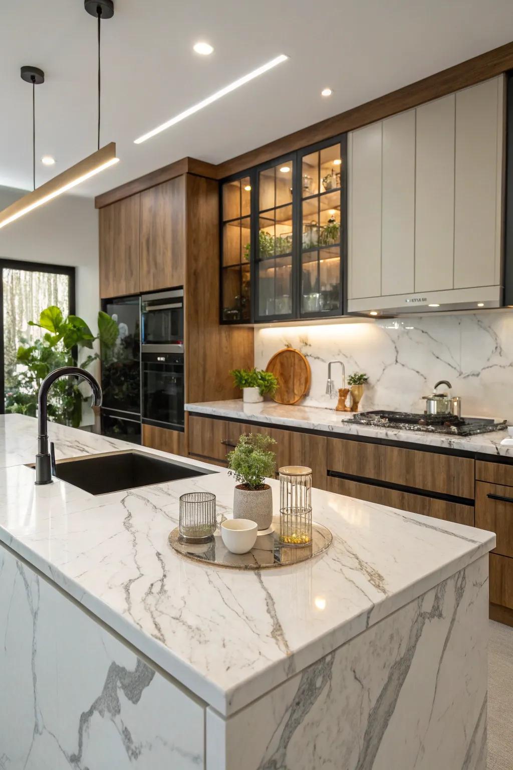 A chic kitchen featuring marble-look laminate surfaces that elevate the entire aesthetic.