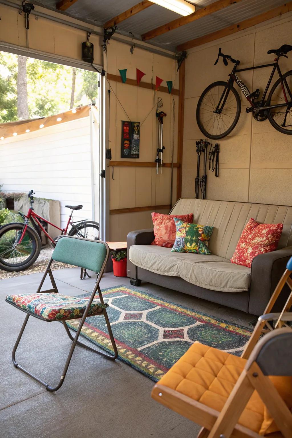 A welcoming seating spot is central to your garage retreat.