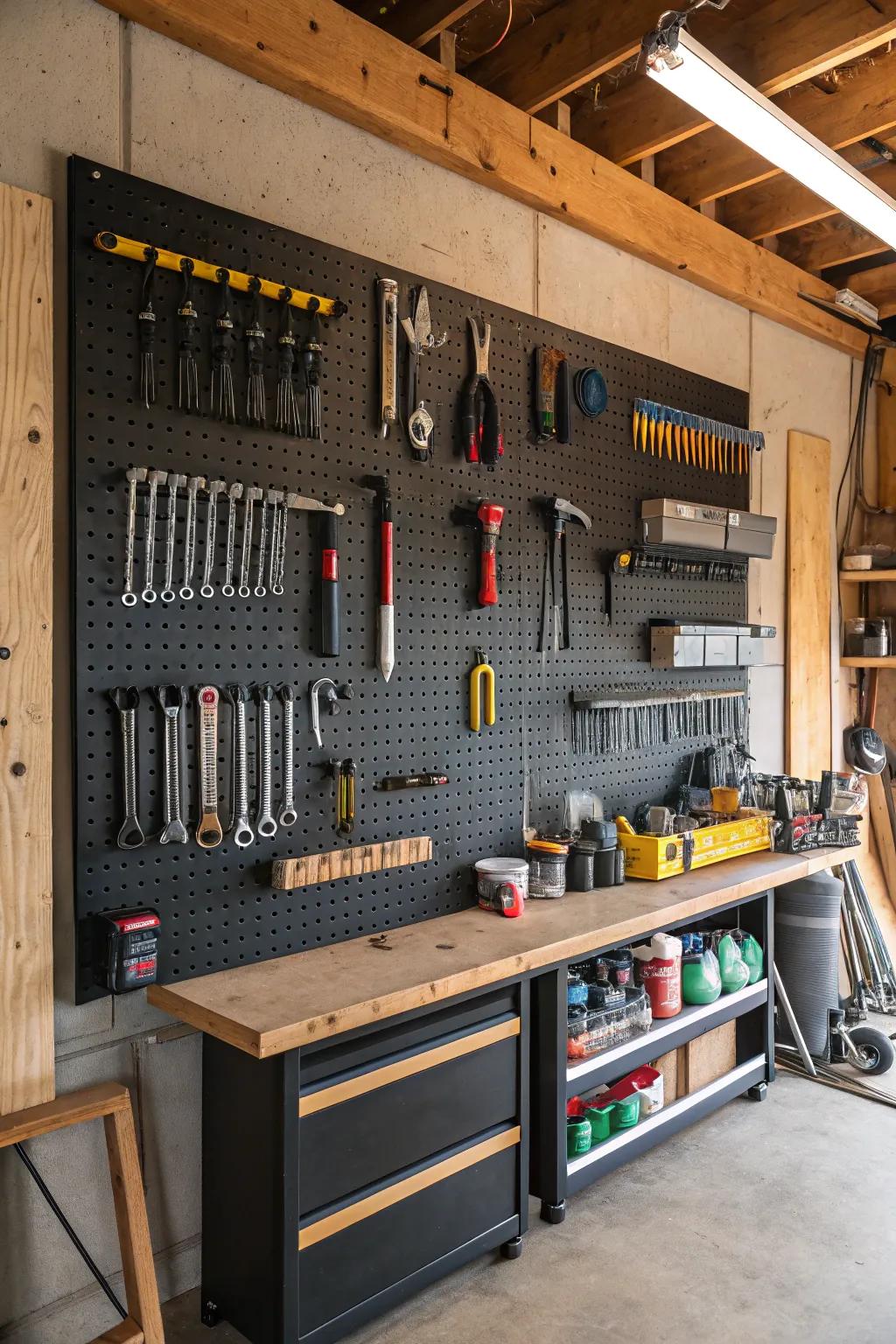 Perforated boards merge functionality and style on garage walls.