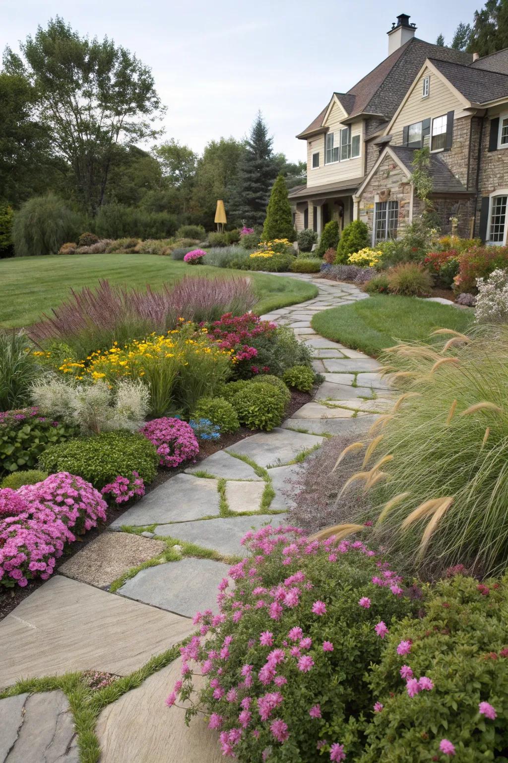 Stone pathways contribute both visual appeal and practical benefits to a yard devoid of grass.