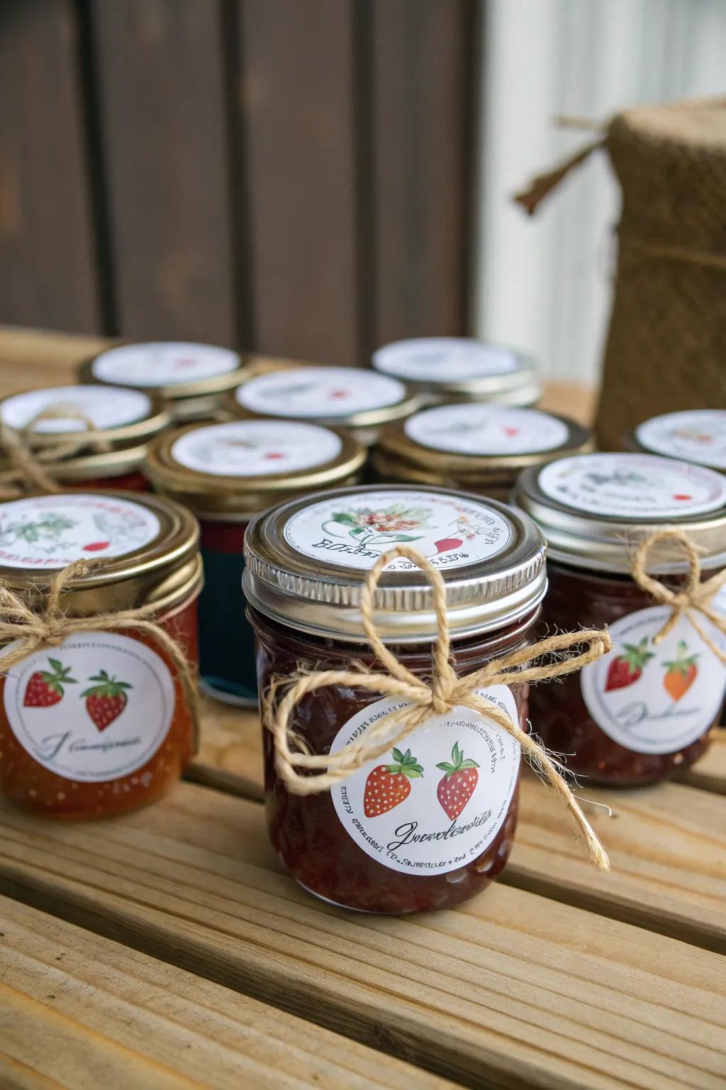 Charming pots of homemade preserve make delightful wedding favors.