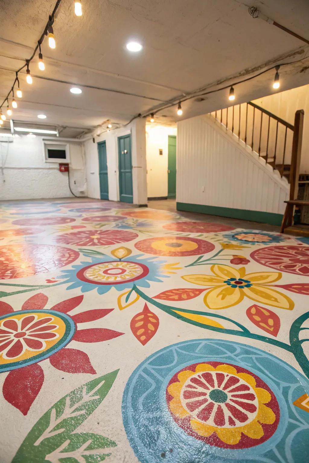 A burst of color can transform a simple concrete basement floor into something vibrant.