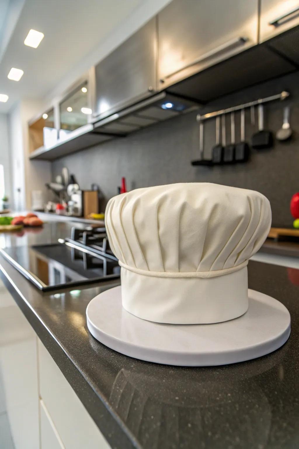 A cake designed to look like a classic chef's hat, complete with smooth fondant.