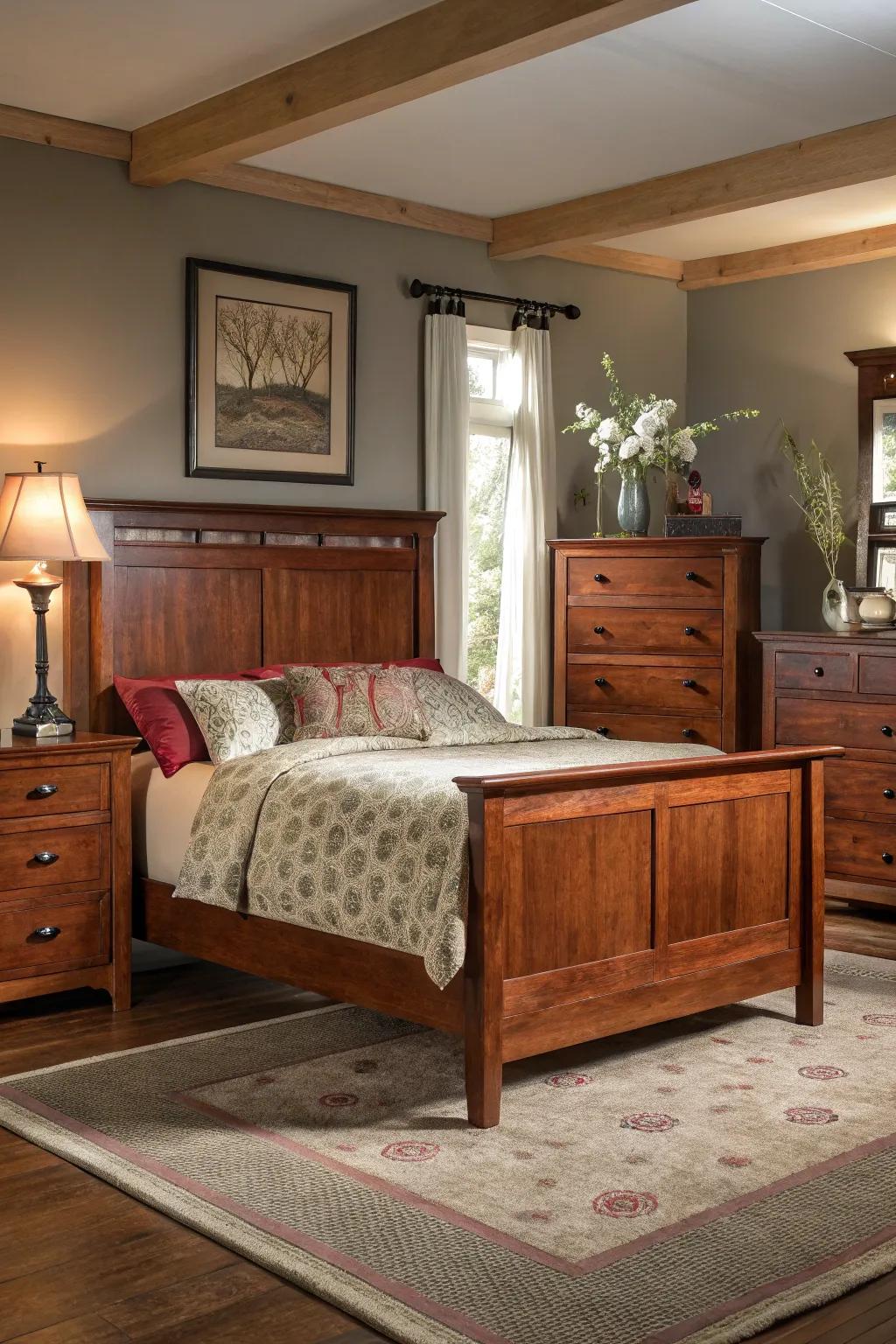 Walnut wood furnishings highlighted by gentle illumination, emphasizing its vibrant colors.