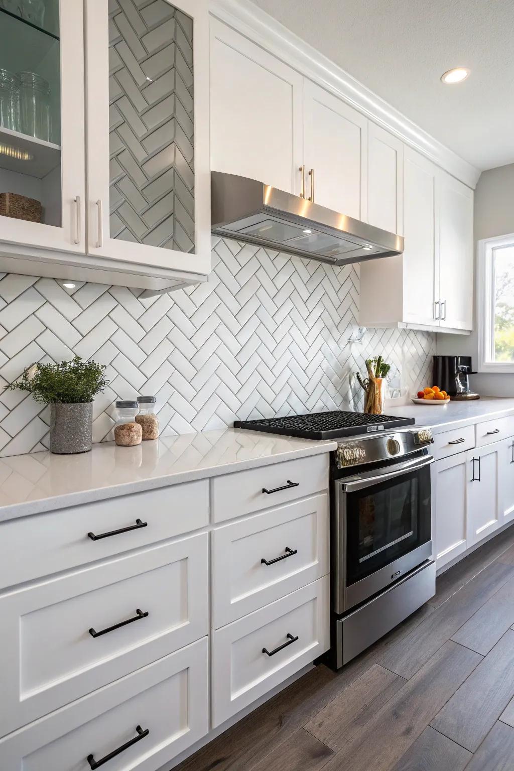A herringbone tile accent enhances this kitchen, perfectly combining design with practicality.