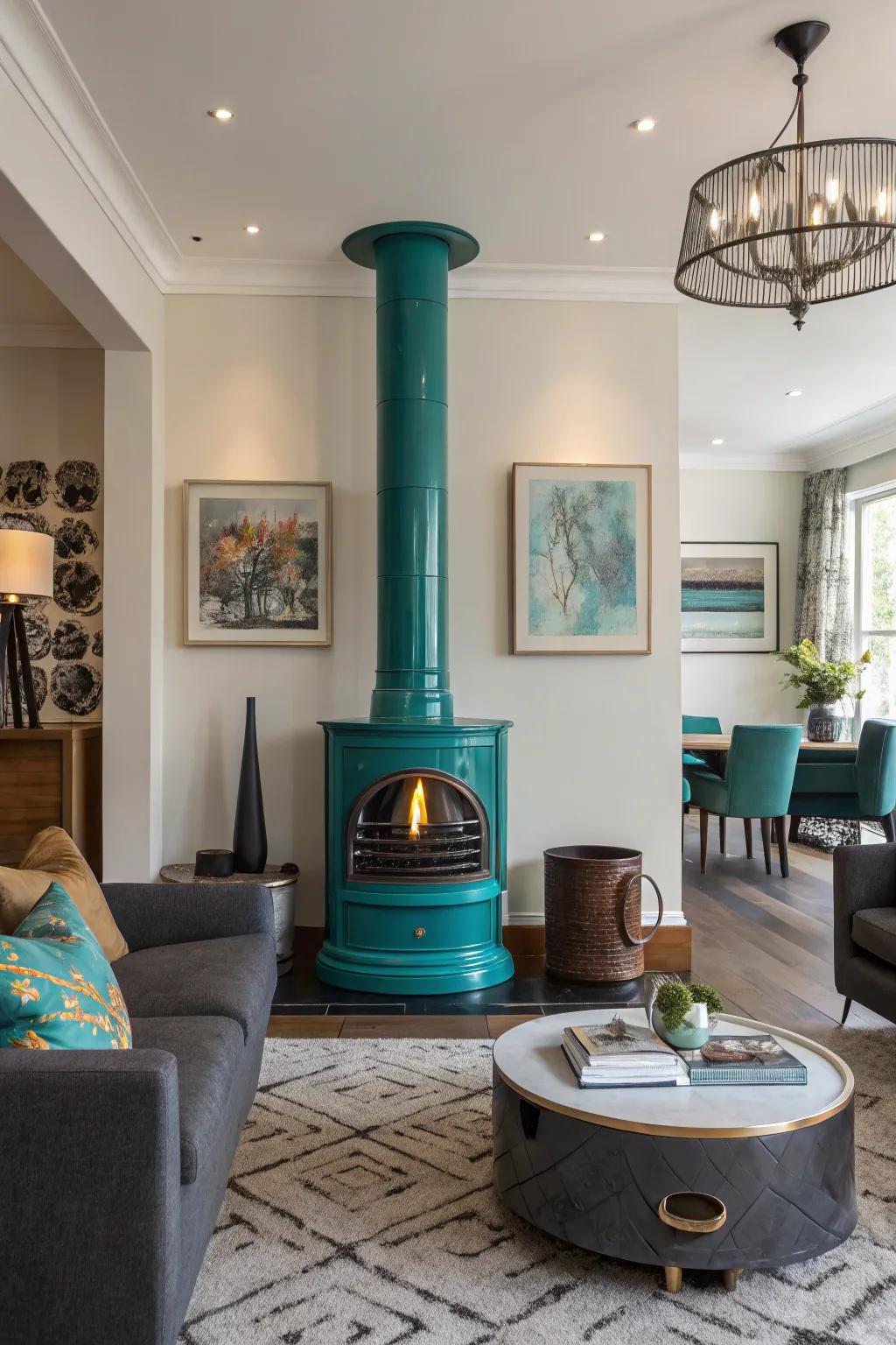 A striking teal chimney provides an arresting center of interest within this modern layout.