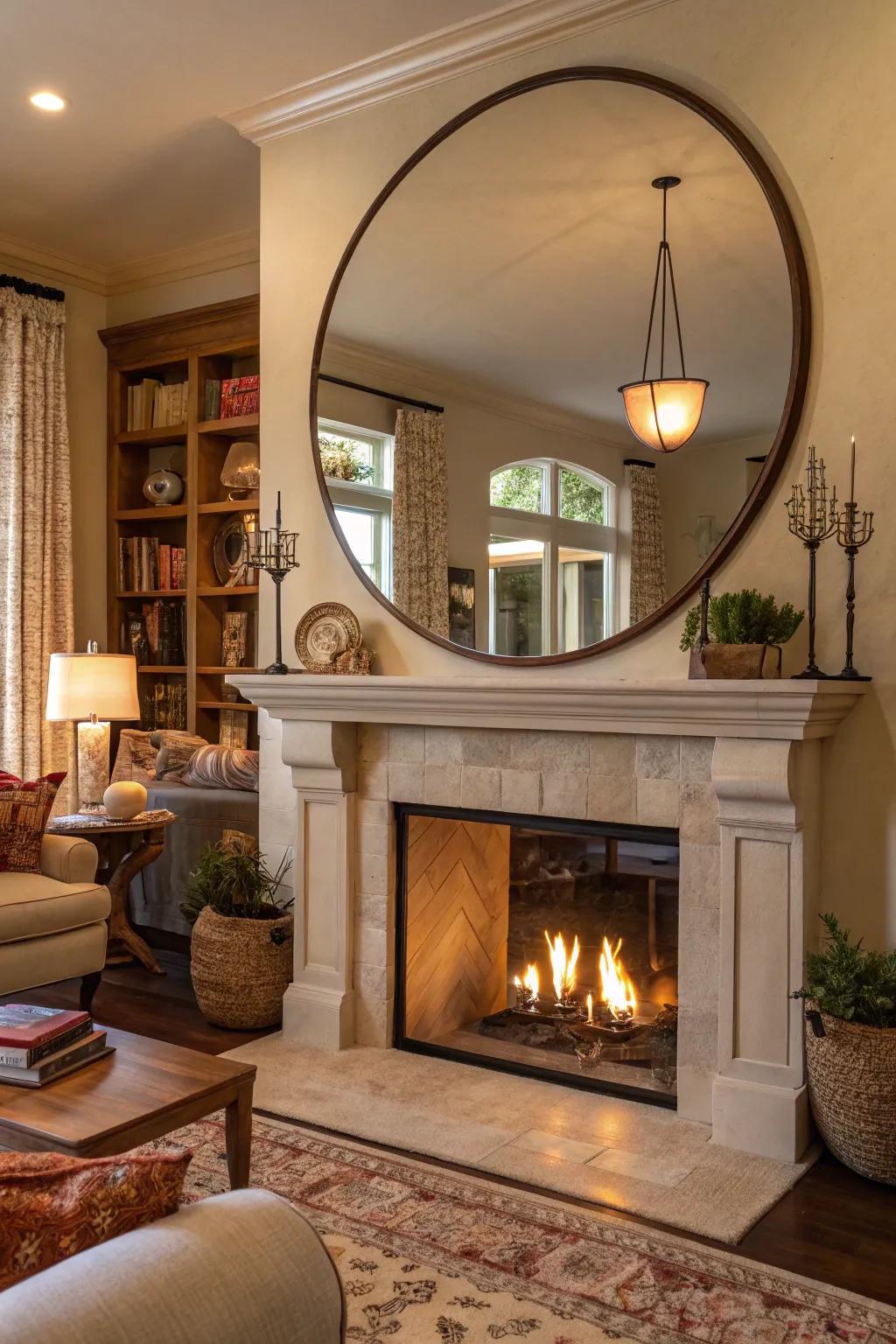 A round mirror above the fireplace brings spaciousness and a refined touch.