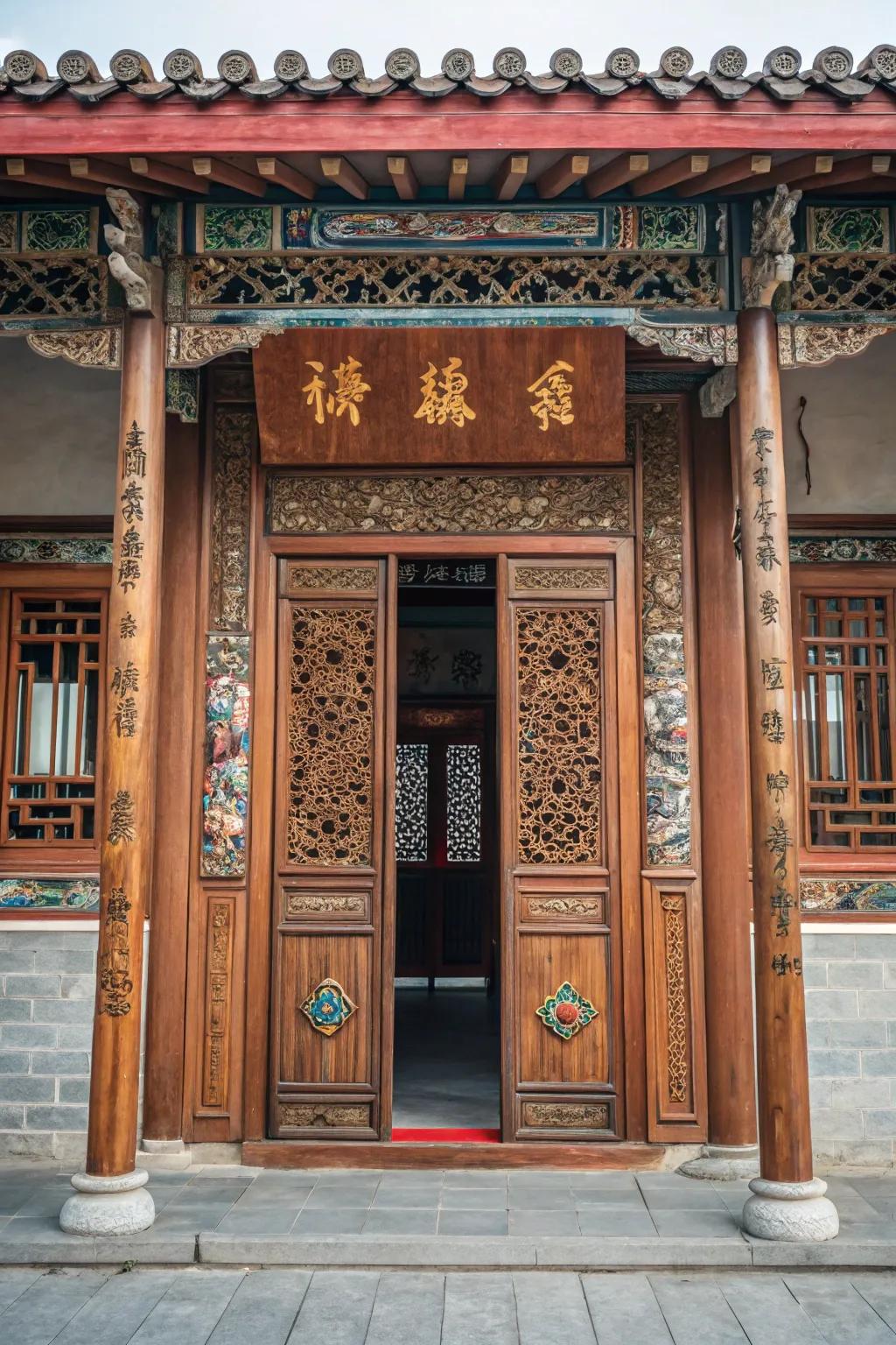 A lavish timber entranceway embellished with elaborate Oriental carvings.