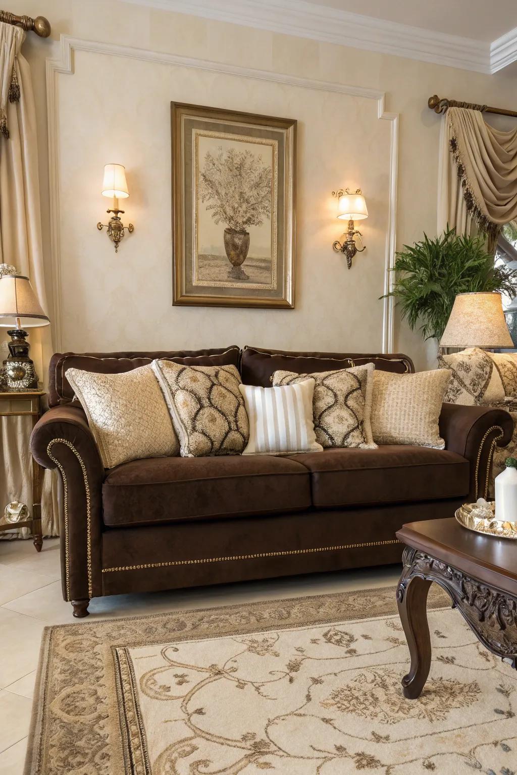 Soft neutrals complement a cocoa sofa, designing a tranquil and welcoming space.