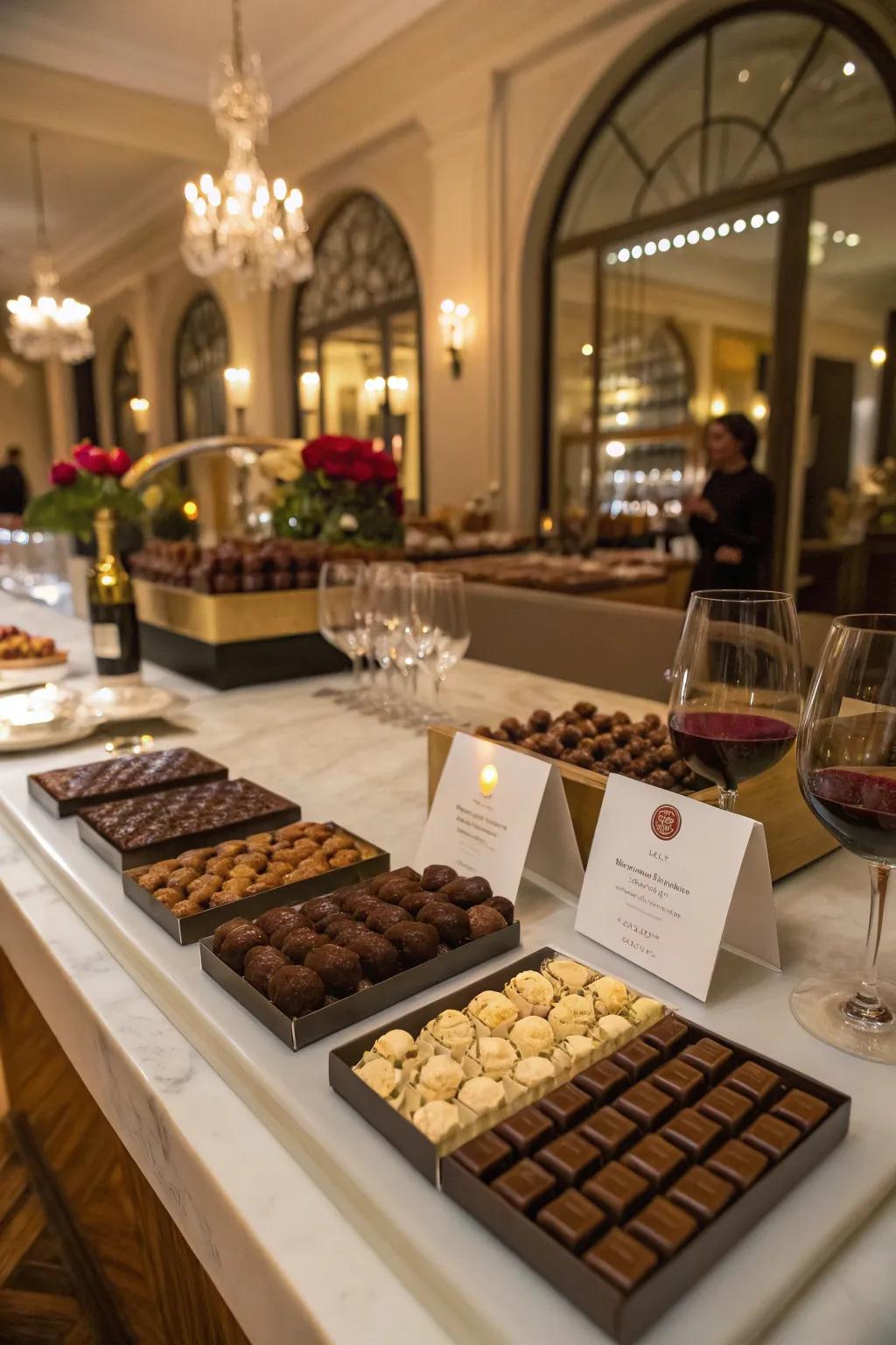 An elegant chocolate sample station showcasing a variety of international flavors.