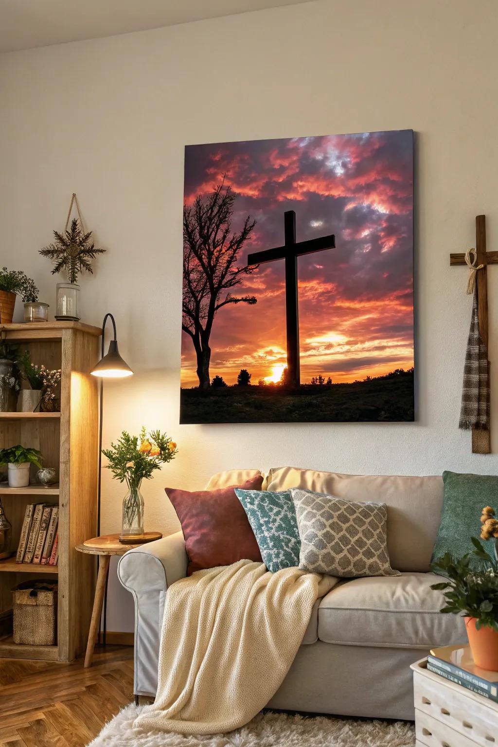 A cross against a sunset infuses warmth and faith into any space.