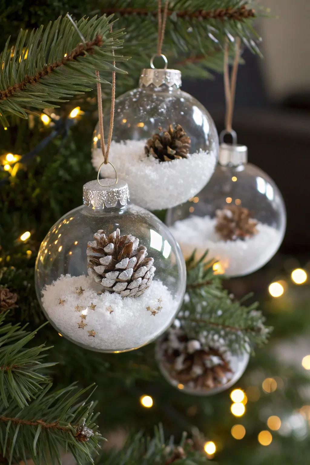 Transparent decorations brimming with festive trinkets introduce a whimsical touch.