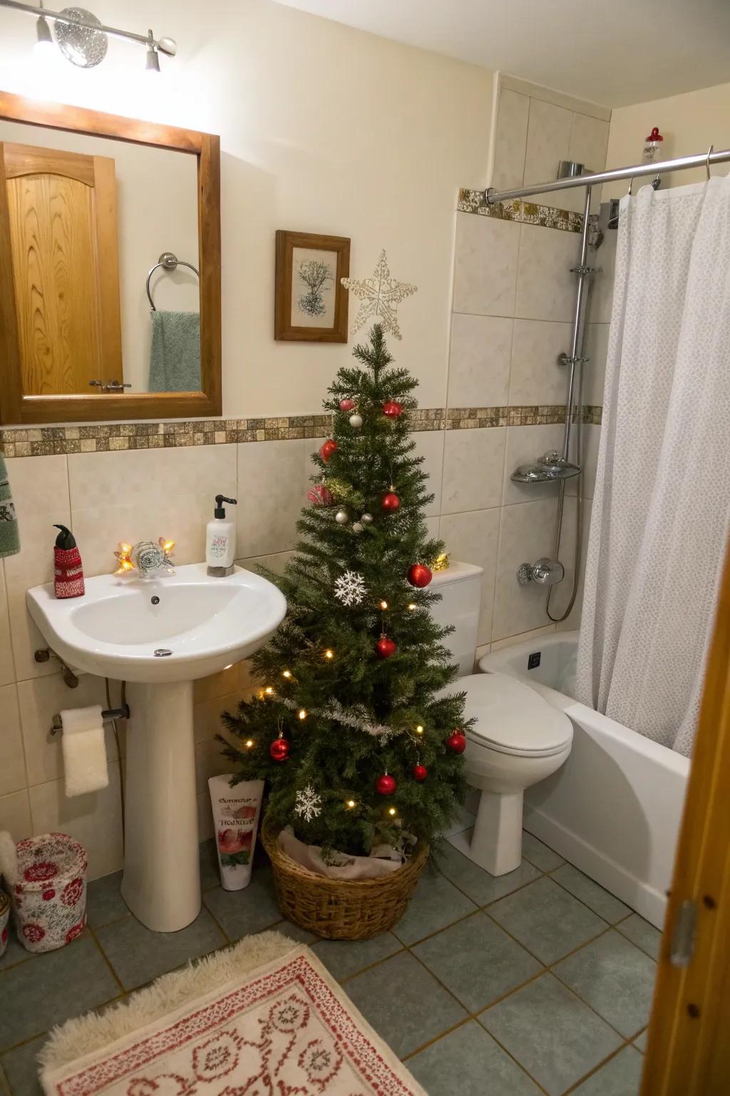 A miniature Christmas tree adds appeal to a comfortable washroom.