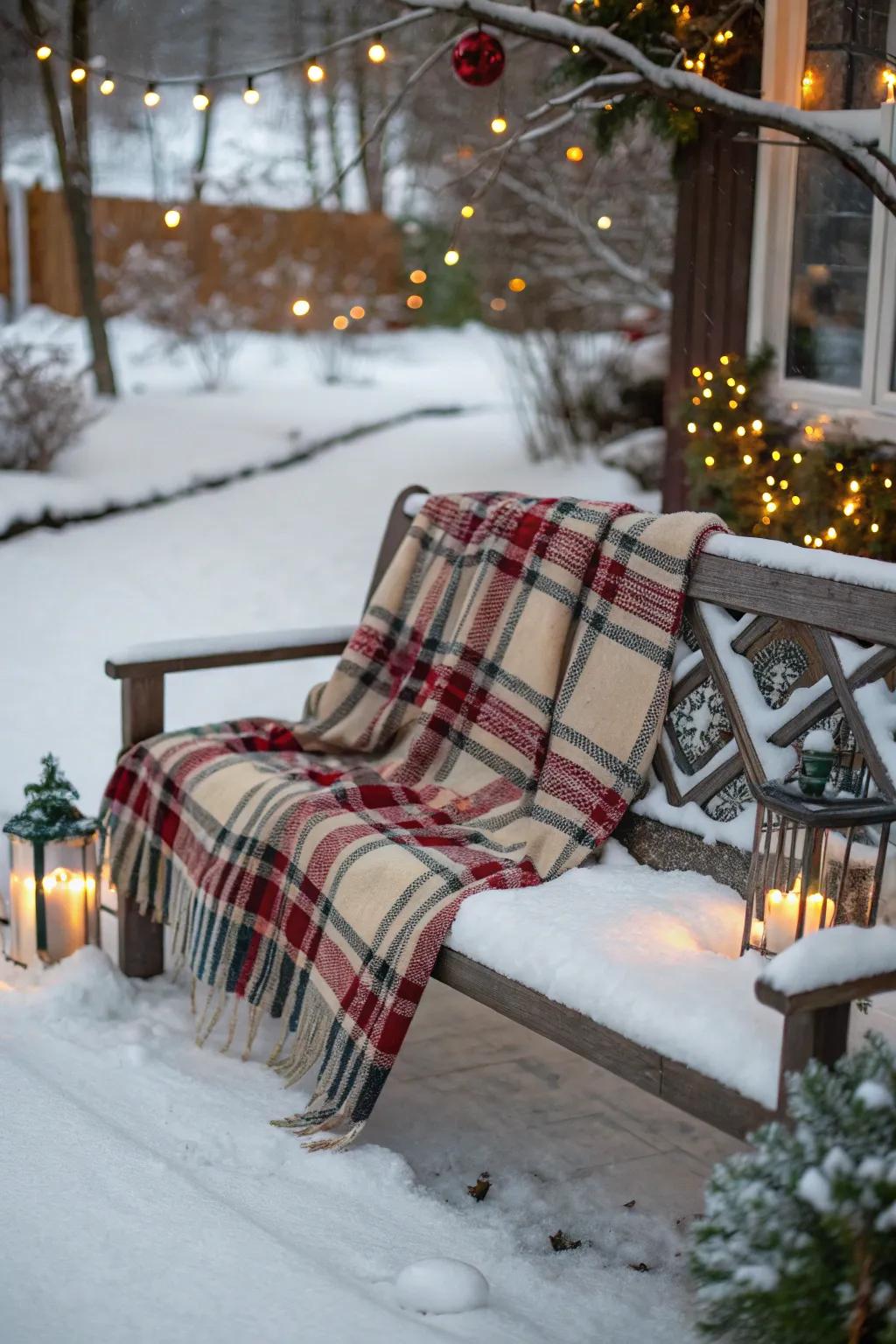 A checkered blanket resting on a bench conjures a warm, beckoning holiday atmosphere.