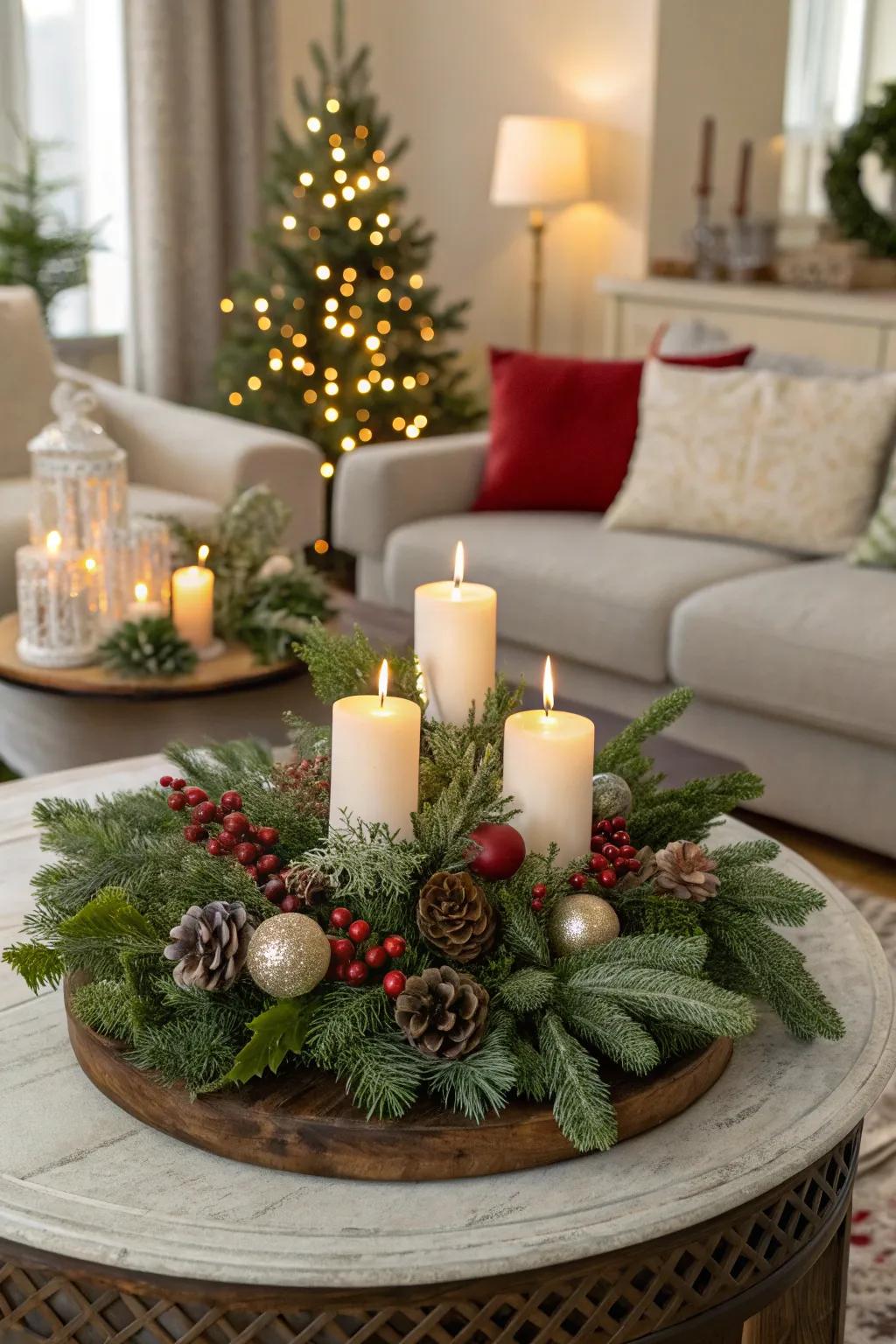 Evergreen sprigs cultivate an invigorating and celebratory mood.