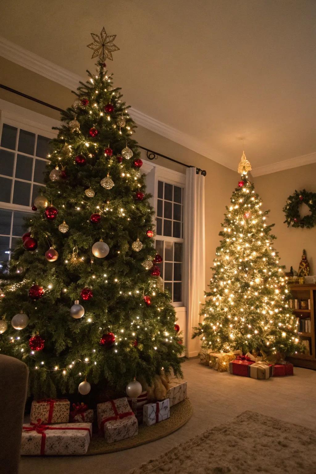Twin Christmas trees introduce a distinctive festive elegance to your living space.