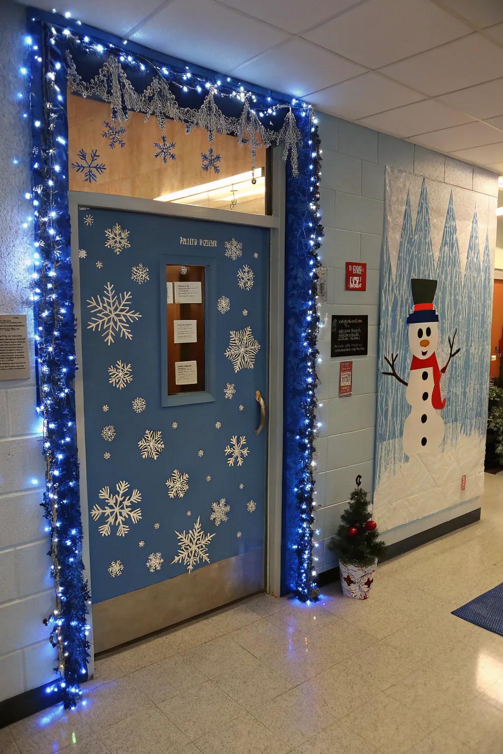 A school door transformed into a magical winter wonderland.