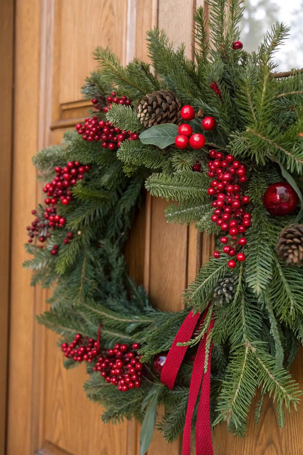 A timeless Christmas wreath showcasing pine branches intertwined with vibrant red berries.