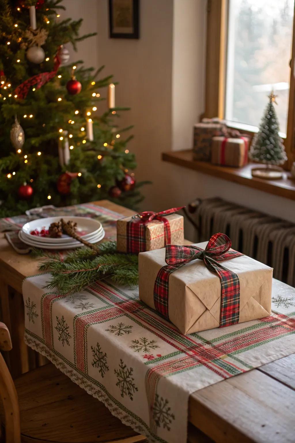 Gifts enclosed with checkered strips for a traditional and cozy look.